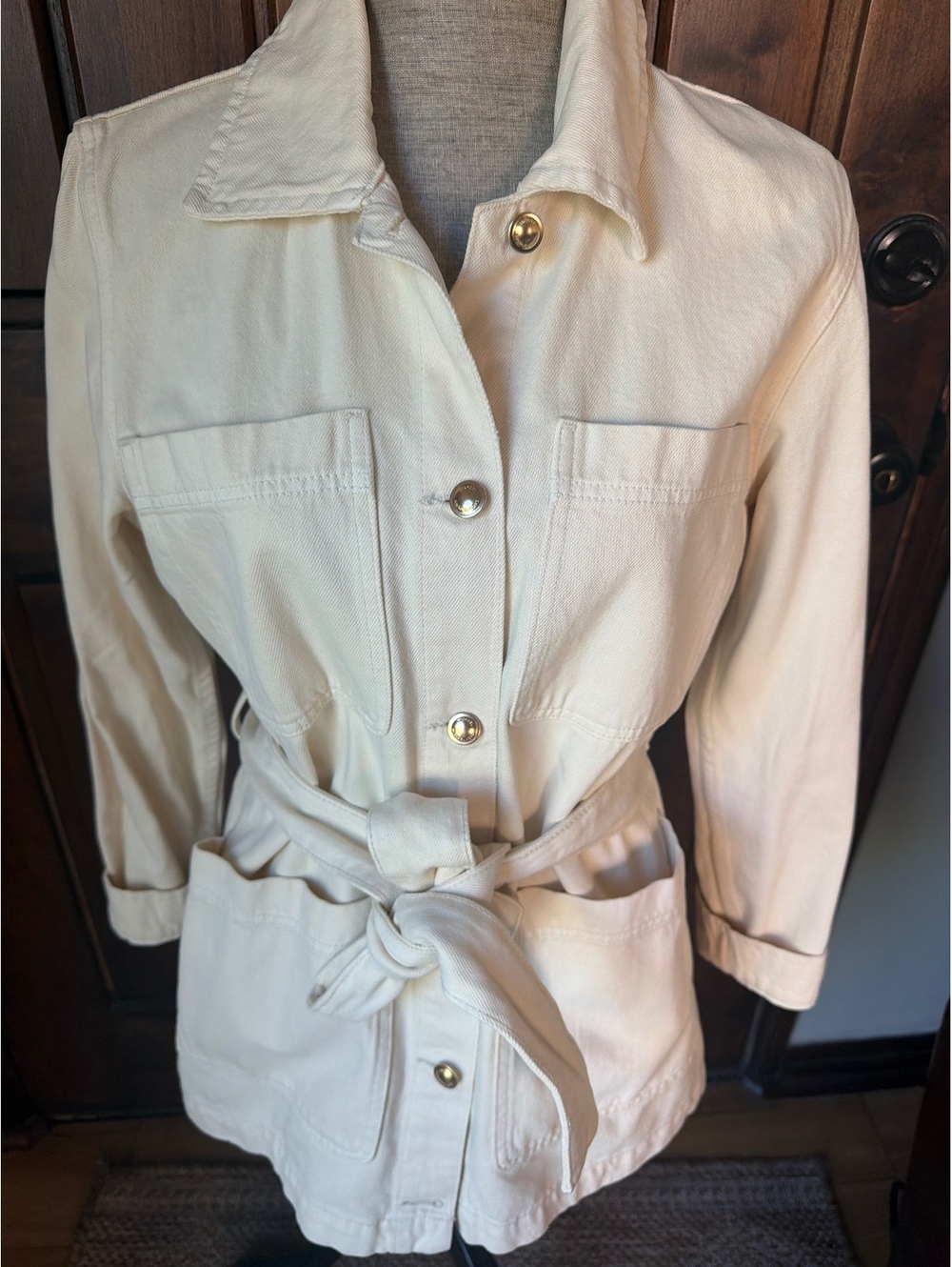 MICHAEL Michael Kors Cream Beige Utility Denim Jacket with Belt, Women's Medium